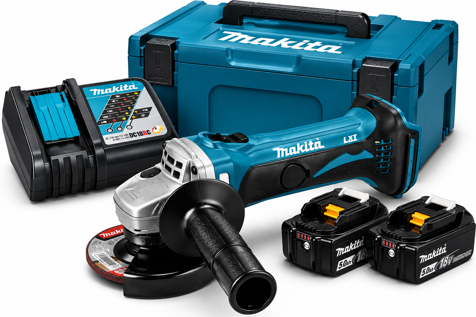Makita DGA452RTJ Akku-Winkelschleiferset mit 2x BL1850B + DC18RC im Makpac